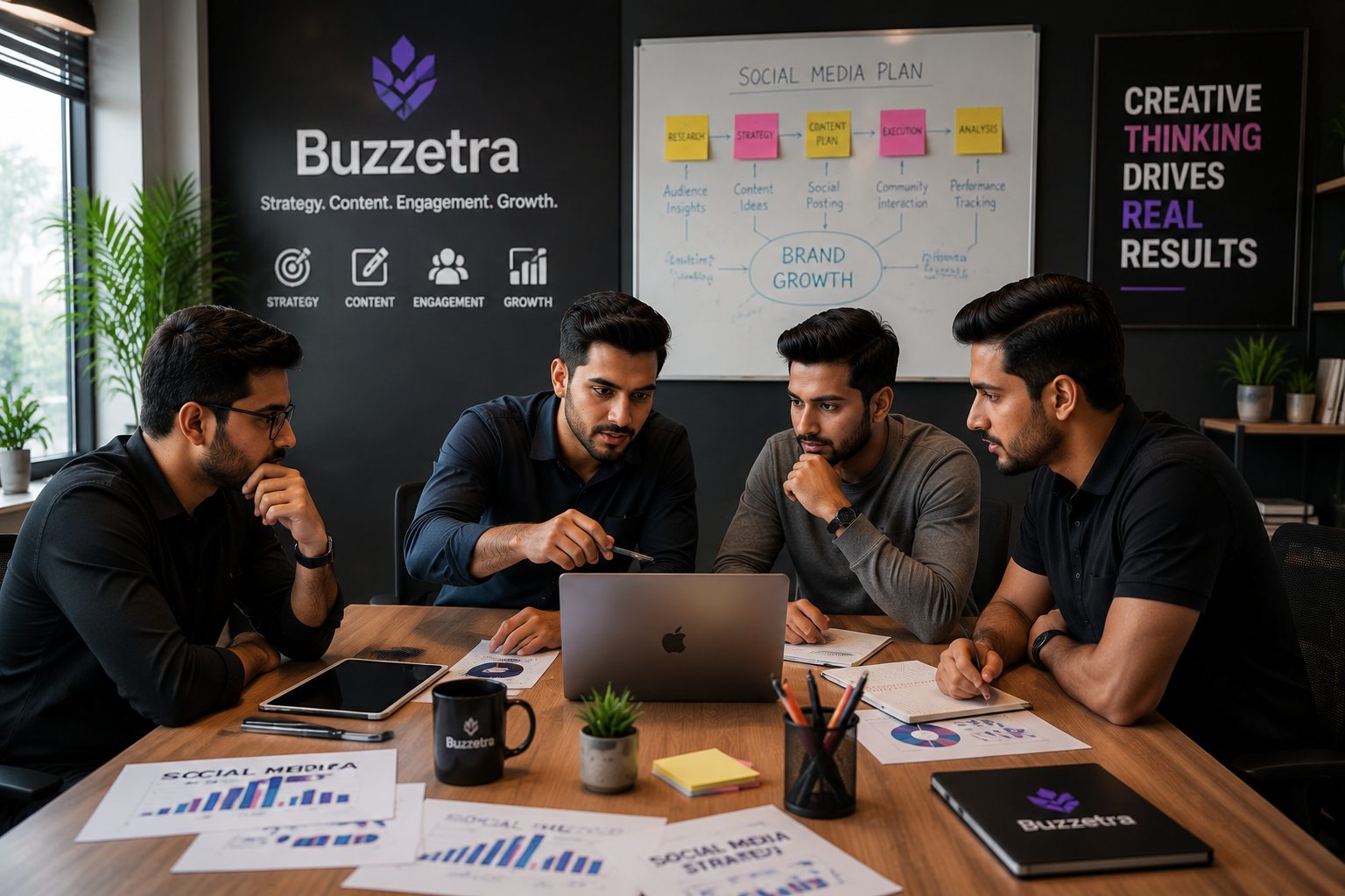 Creative marketing team collaborating in a workspace