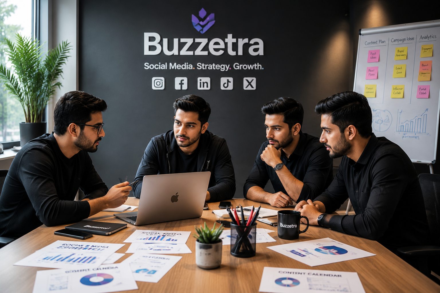Modern marketing team discussing social media strategy in an office